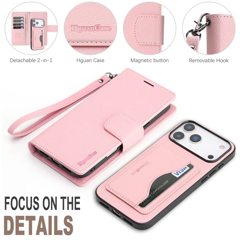 HGUANCASE For iPhone 17 Pro Max Case Wallet Stand Detachable Vintage Leather Phone Cover with Wrist Strap - Pink