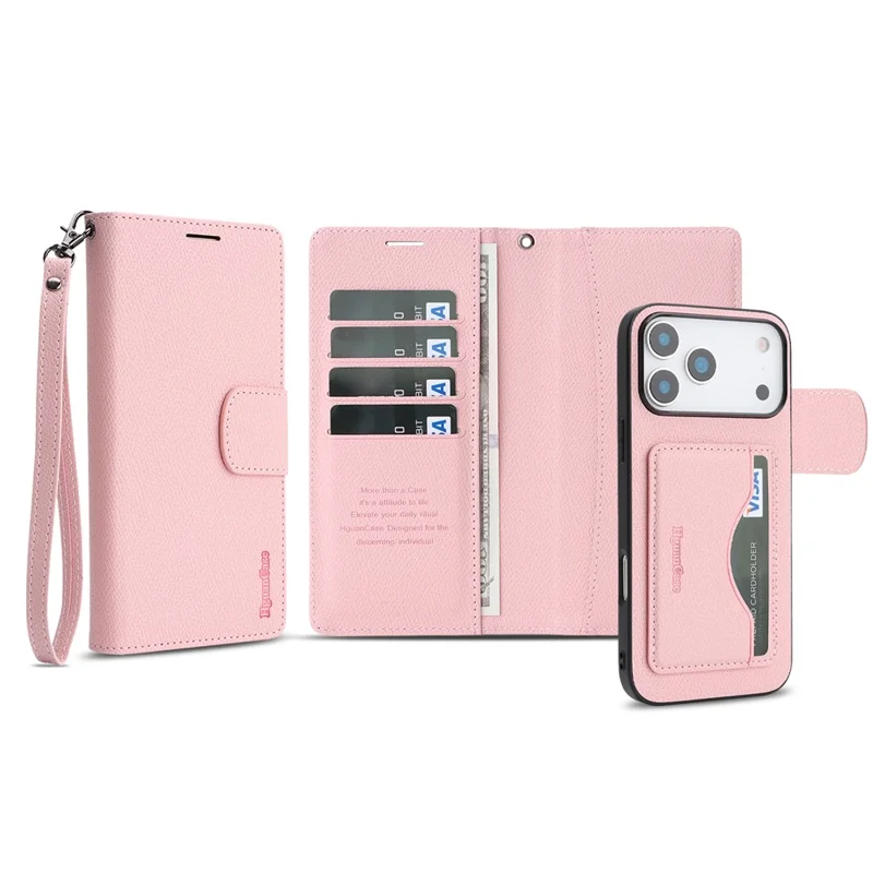 HGUANCASE For iPhone 17 Pro Max Case Wallet Stand Detachable Vintage Leather Phone Cover with Wrist Strap - Pink