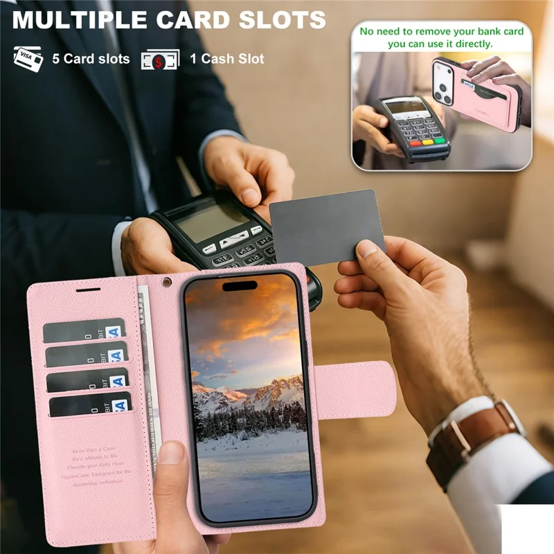 HGUANCASE For iPhone 17 Pro Max Case Wallet Stand Detachable Vintage Leather Phone Cover with Wrist Strap - Pink