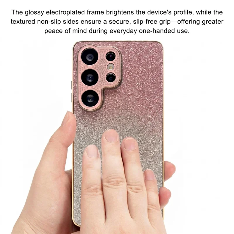 For Samsung Galaxy S26 Ultra Case Strålsynt Kameraomramning Gradient Glitter PC+TPU Telefonbeskyttelse med Elektropladeret Ramme - Gradient Pink