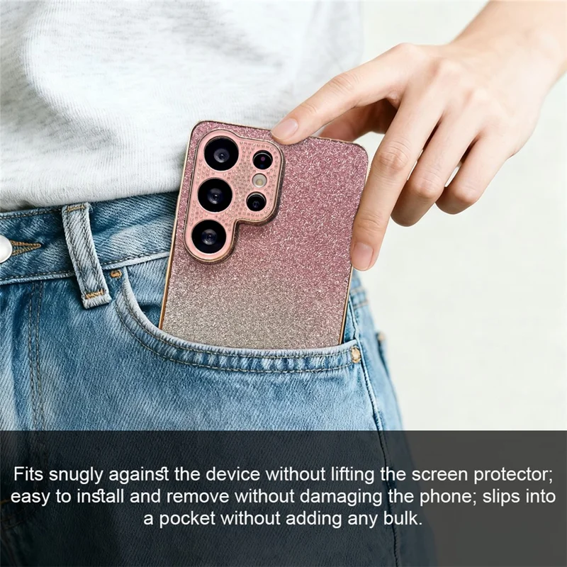 For Samsung Galaxy S26 Ultra Case Strålsynt Kameraomramning Gradient Glitter PC+TPU Telefonbeskyttelse med Elektropladeret Ramme - Gradient Pink