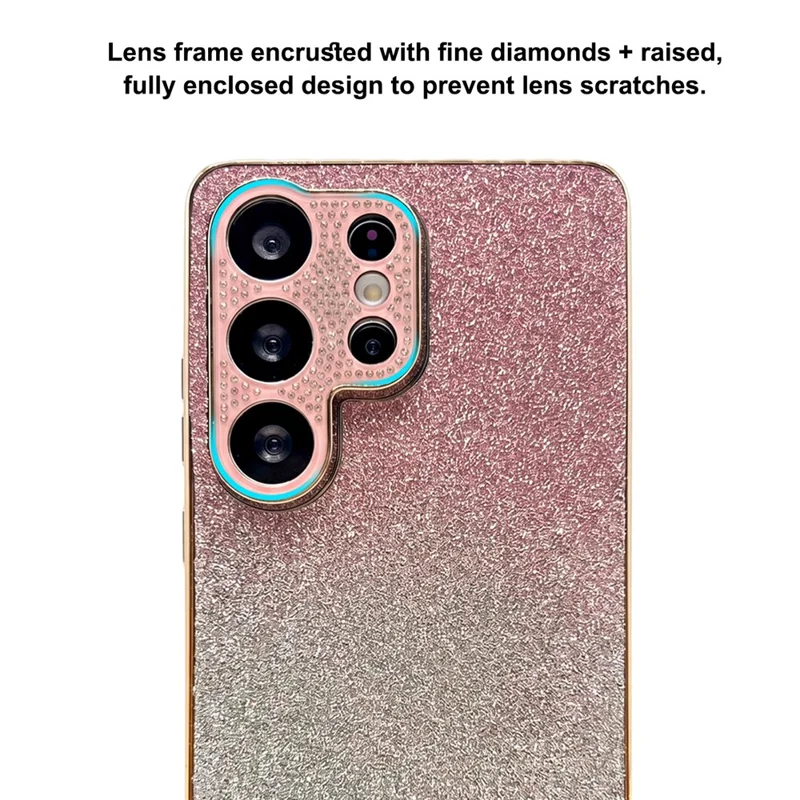 For Samsung Galaxy S26 Ultra Case Strålsynt Kameraomramning Gradient Glitter PC+TPU Telefonbeskyttelse med Elektropladeret Ramme - Gradient Pink