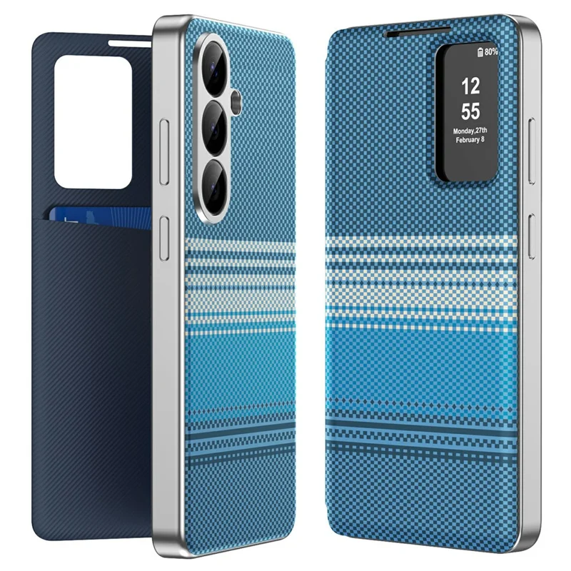 For Samsung Galaxy S26 Case Card Slot View Window Gradient Color Checkered Pattern Leather Phone Cover - Blue