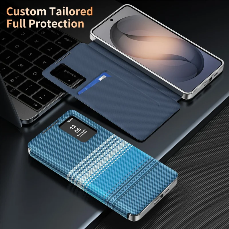 For Samsung Galaxy S26 Case Card Slot View Window Gradient Color Checkered Pattern Leather Phone Cover - Blue