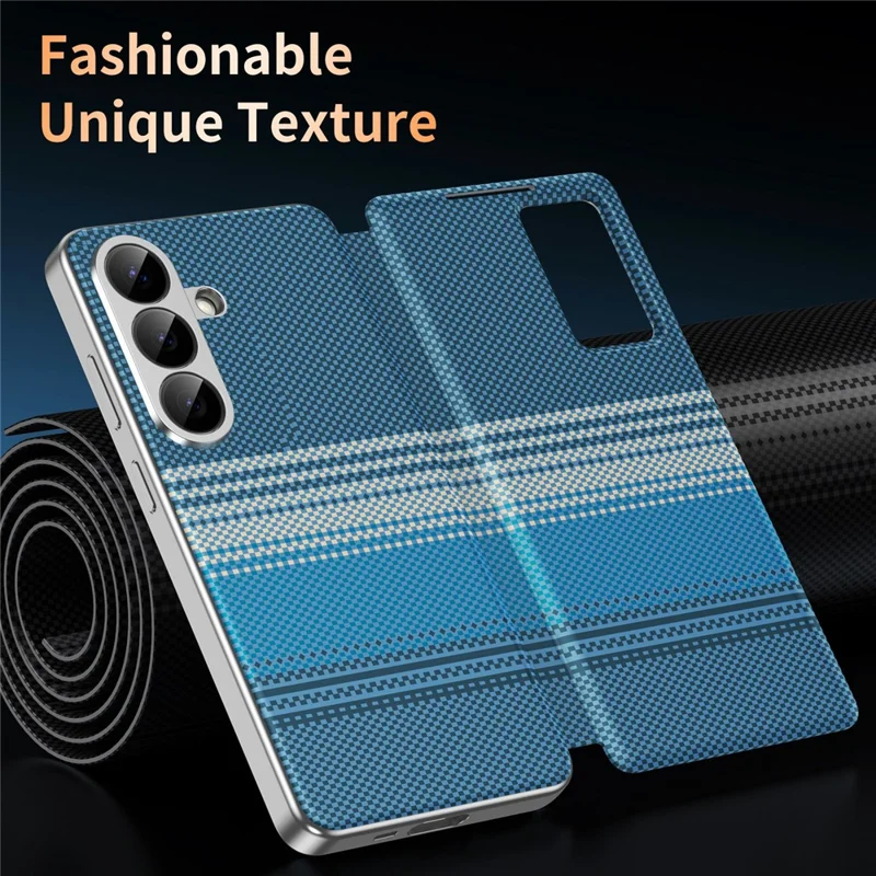 For Samsung Galaxy S26 Case Card Slot View Window Gradient Color Checkered Pattern Leather Phone Cover - Blue