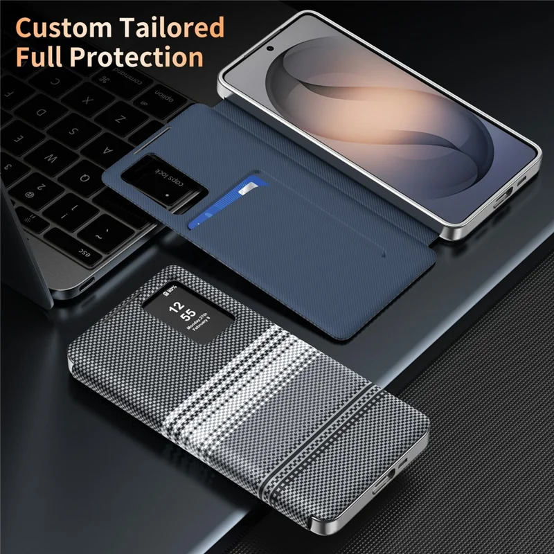 For Samsung Galaxy S26+ Case Card Slot View Window Gradient Color Checkered Pattern Leather Phone Cover - Black