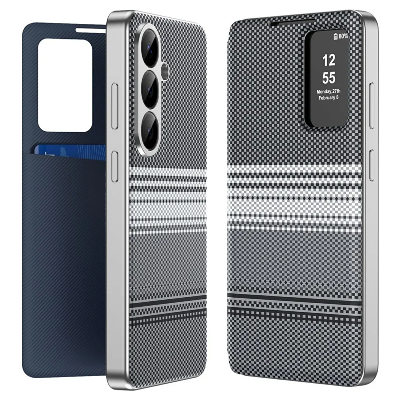 For Samsung Galaxy A57 5G Case Card Slot View Window Gradient Color Checkered Pattern Leather Phone Cover - Black