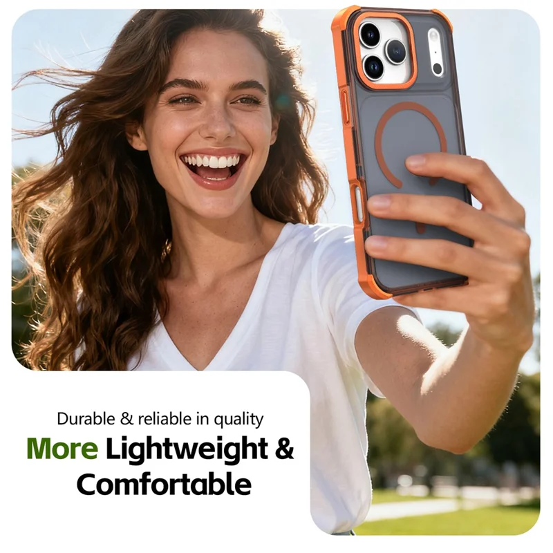 غطاء مغناطيسي لهاتف iPhone 17 Pro Max بتصميم إطار مطلي كهربائياً وغطاء هاتف من مادة TPU+PC بنعومة الجلد - برتقالي