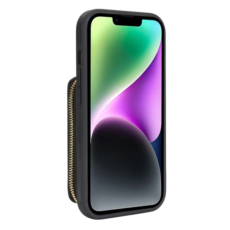 لـ iPhone 14 / 13 غطاء محفظة بسحّاب وتصميم جلد بنسيج ليتشي مع حامل حلقة معدنية - أسود