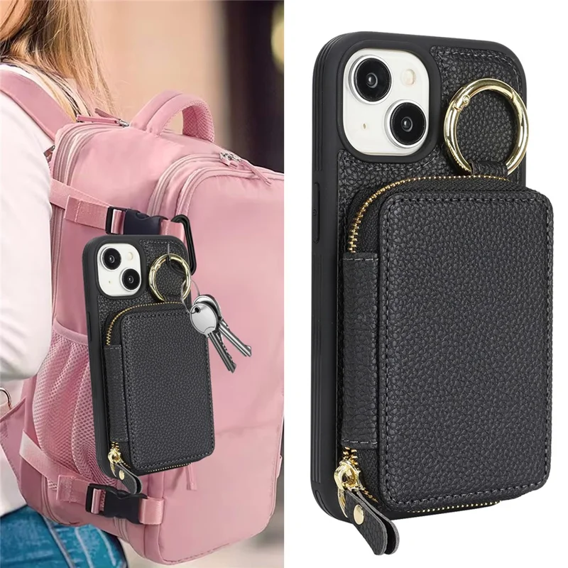 لـ iPhone 14 / 13 غطاء محفظة بسحّاب وتصميم جلد بنسيج ليتشي مع حامل حلقة معدنية - أسود