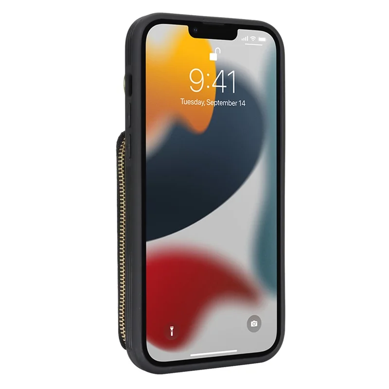 Чехол-кошелек с застежкой-молнией для iPhone 12 Pro Max / 13 Pro Max, черный чехол из искусственной кожи с текстурой личи и металлическим кольцом-держателем