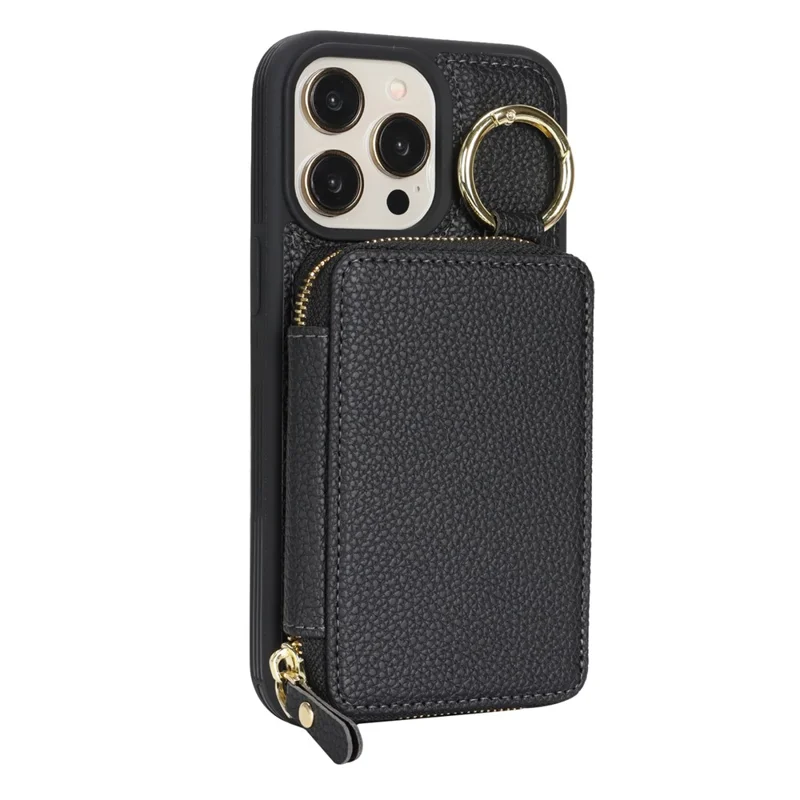 Чехол-кошелек с застежкой-молнией для iPhone 12 Pro Max / 13 Pro Max, черный чехол из искусственной кожи с текстурой личи и металлическим кольцом-держателем