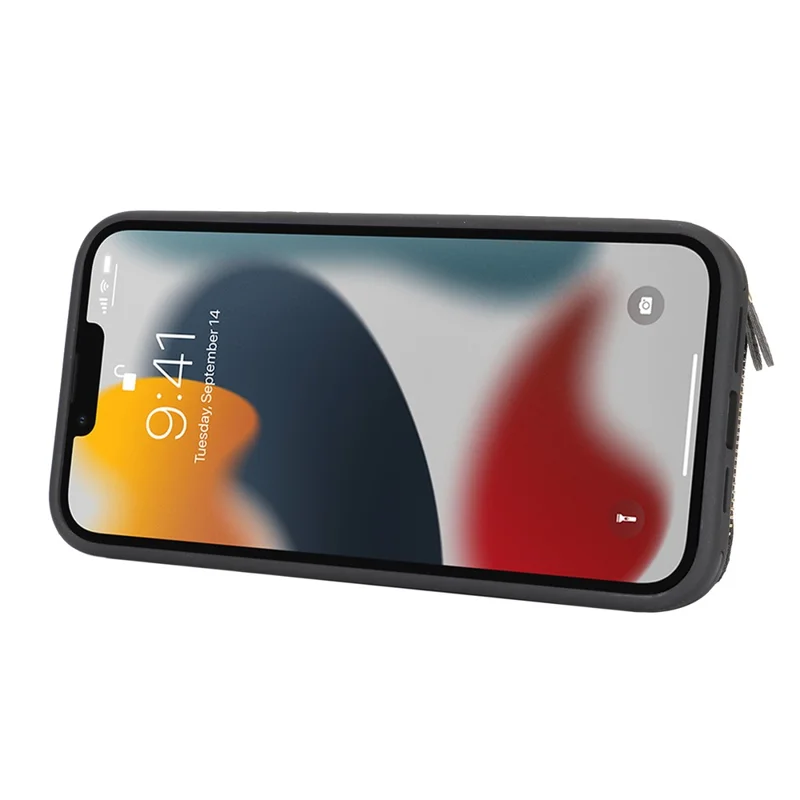 Чехол-кошелек с застежкой-молнией для iPhone 12 Pro Max / 13 Pro Max, черный чехол из искусственной кожи с текстурой личи и металлическим кольцом-держателем
