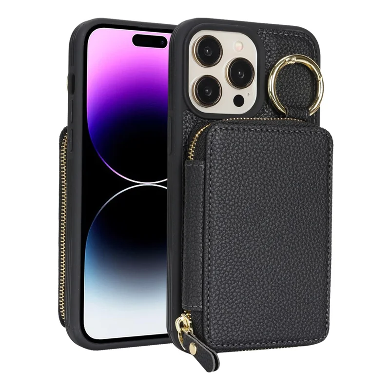 For iPhone 14 Pro Max Zipper Wallet Case Litchi Texture Leather Back Phone Cover with Metal Ring Holder - Black