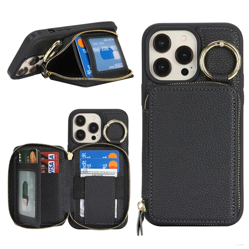 For iPhone 14 Pro Max Zipper Wallet Case Litchi Texture Leather Back Phone Cover with Metal Ring Holder - Black