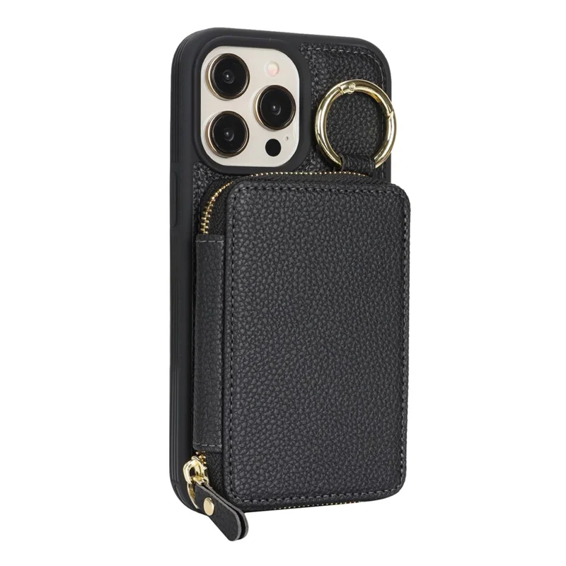 For iPhone 14 Pro Max Zipper Wallet Case Litchi Texture Leather Back Phone Cover with Metal Ring Holder - Black