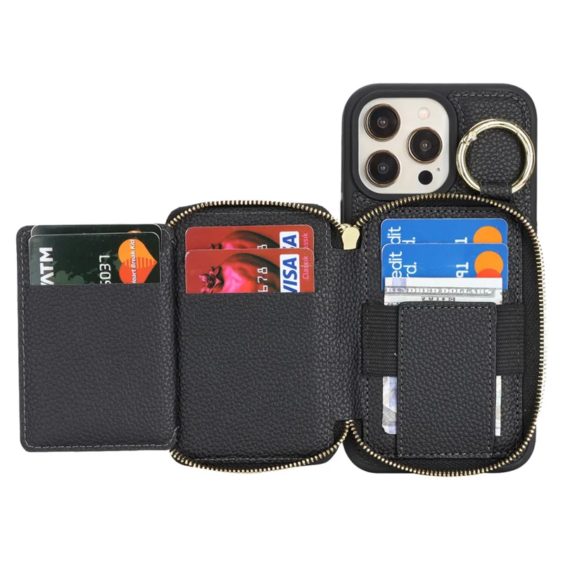 For iPhone 14 Pro Max Zipper Wallet Case Litchi Texture Leather Back Phone Cover with Metal Ring Holder - Black