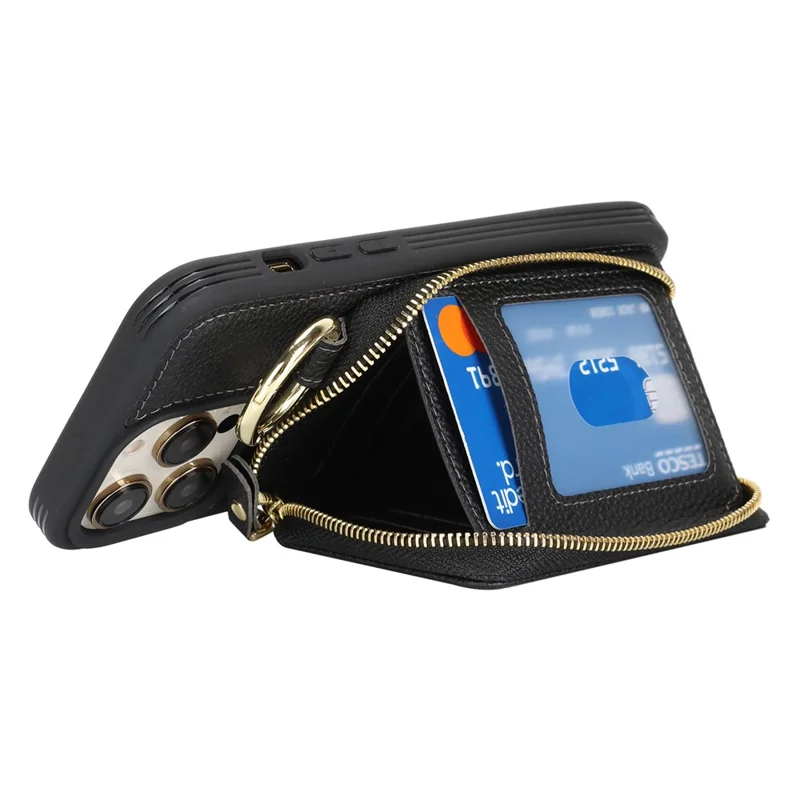 For iPhone 14 Pro Max Zipper Wallet Case Litchi Texture Leather Back Phone Cover with Metal Ring Holder - Black