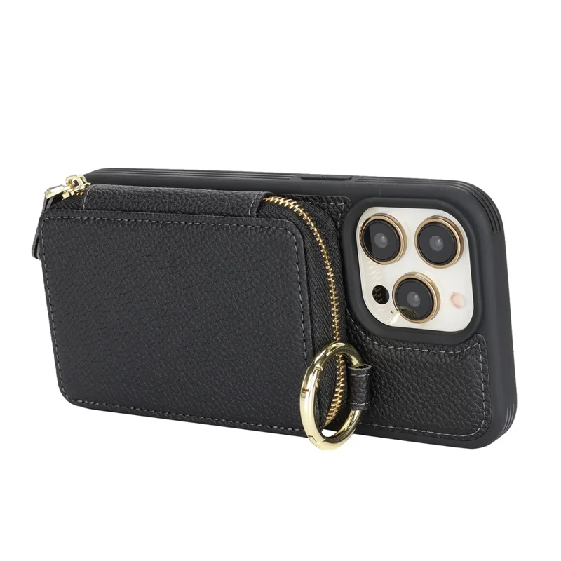 For iPhone 14 Pro Max Zipper Wallet Case Litchi Texture Leather Back Phone Cover with Metal Ring Holder - Black