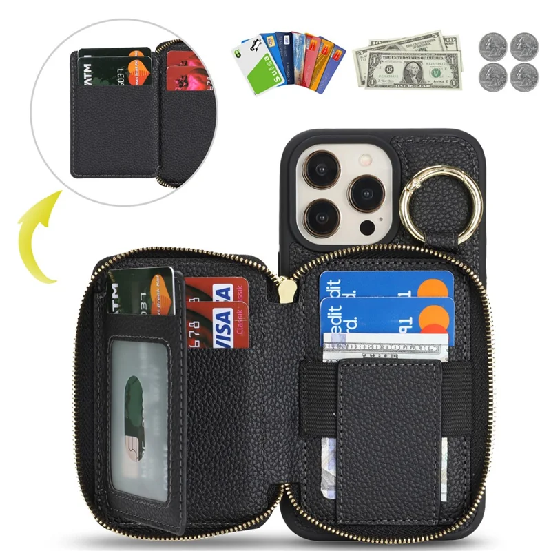 For iPhone 14 Pro Max Zipper Wallet Case Litchi Texture Leather Back Phone Cover with Metal Ring Holder - Black