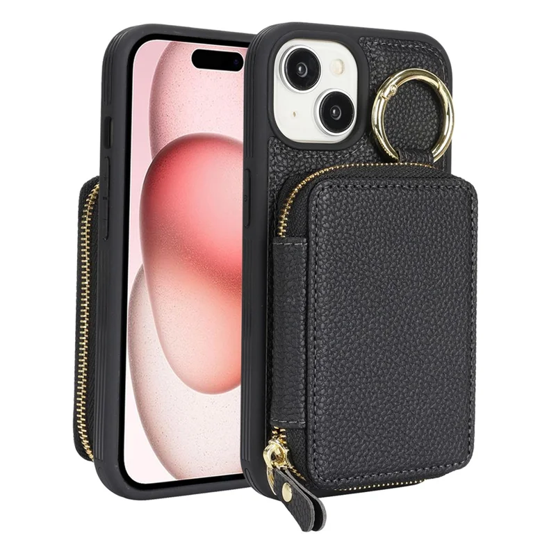 For iPhone 15 Zipper Wallet Case Litchi Texture Leather Back Phone Cover with Metal Ring Holder - Sort
