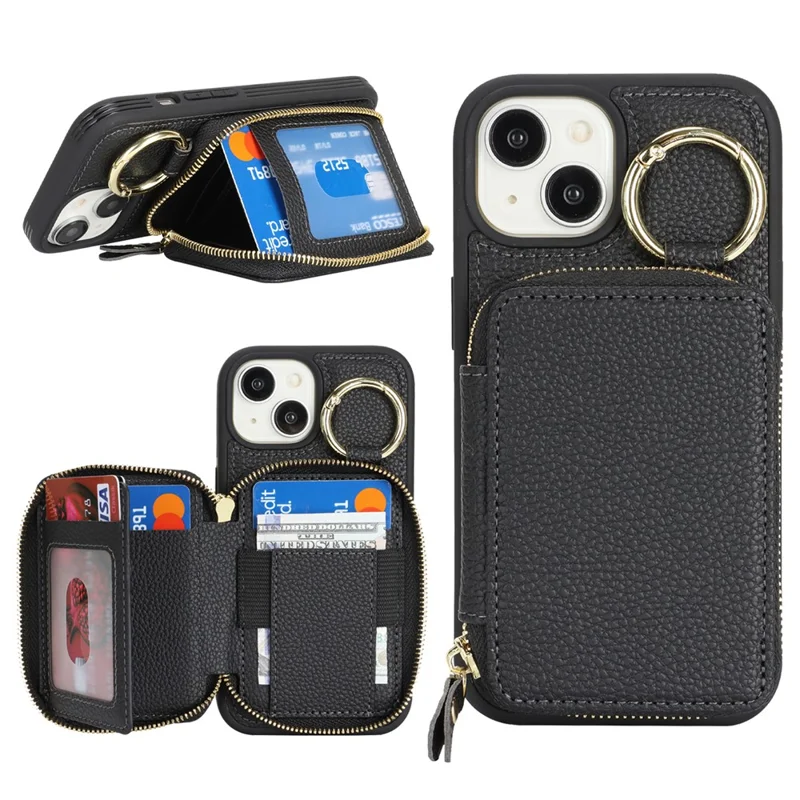 For iPhone 15 Zipper Wallet Case Litchi Texture Leather Back Phone Cover with Metal Ring Holder - Sort