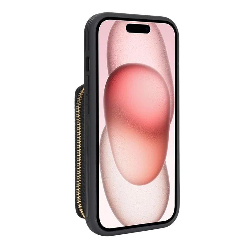 For iPhone 15 Zipper Wallet Case Litchi Texture Leather Back Phone Cover with Metal Ring Holder - Sort