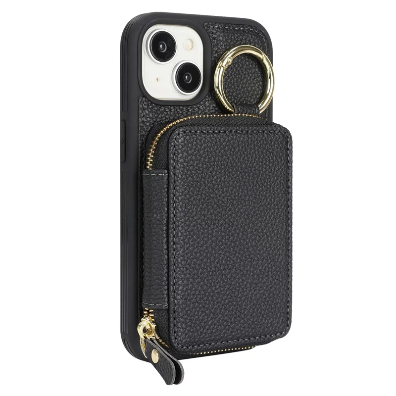 For iPhone 15 Zipper Wallet Case Litchi Texture Leather Back Phone Cover with Metal Ring Holder - Sort