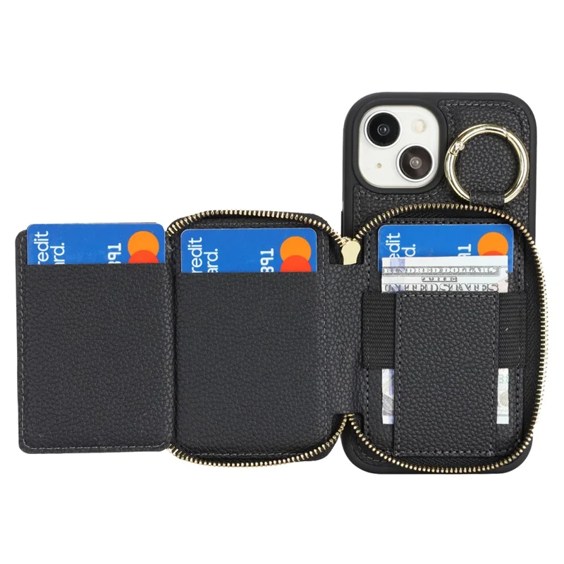 For iPhone 15 Zipper Wallet Case Litchi Texture Leather Back Phone Cover with Metal Ring Holder - Sort