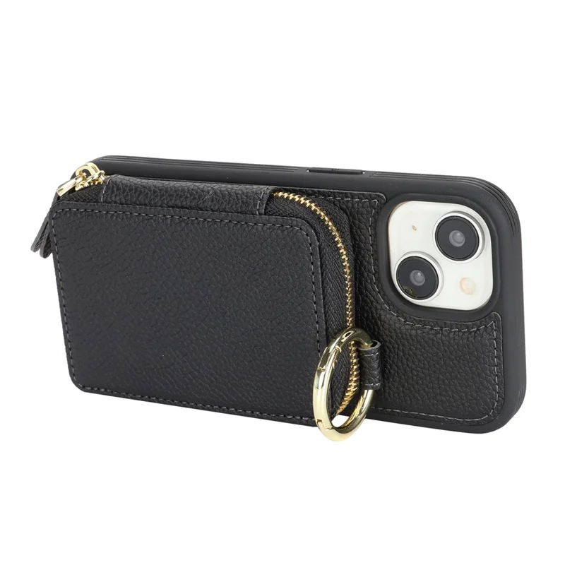 For iPhone 15 Zipper Wallet Case Litchi Texture Leather Back Phone Cover with Metal Ring Holder - Sort