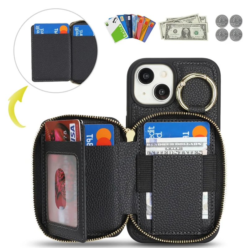 For iPhone 15 Zipper Wallet Case Litchi Texture Leather Back Phone Cover with Metal Ring Holder - Sort
