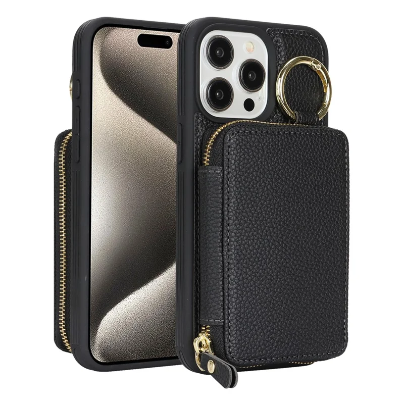 Voor iPhone 15 Pro Max Zipper Wallet Case Litchi Structuur Lederen Achterkant Telefoonhoes met Metalen Ringhouder - Zwart