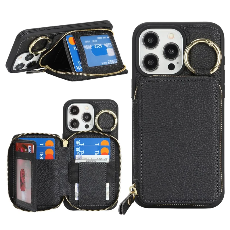 Voor iPhone 15 Pro Max Zipper Wallet Case Litchi Structuur Lederen Achterkant Telefoonhoes met Metalen Ringhouder - Zwart