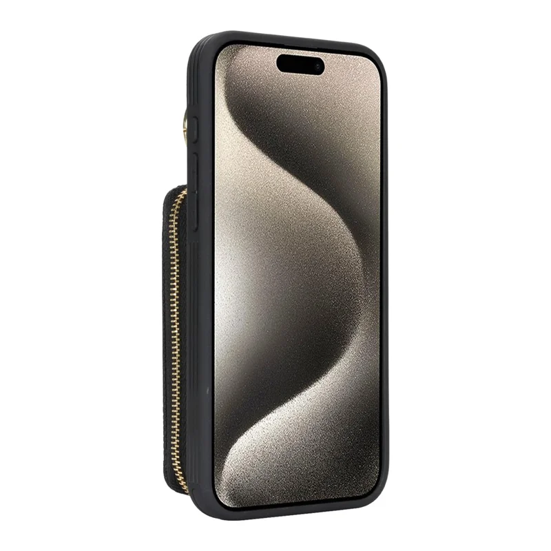 Voor iPhone 15 Pro Max Zipper Wallet Case Litchi Structuur Lederen Achterkant Telefoonhoes met Metalen Ringhouder - Zwart