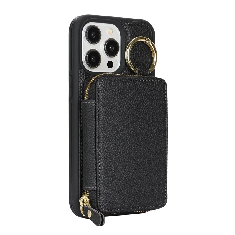 Voor iPhone 15 Pro Max Zipper Wallet Case Litchi Structuur Lederen Achterkant Telefoonhoes met Metalen Ringhouder - Zwart