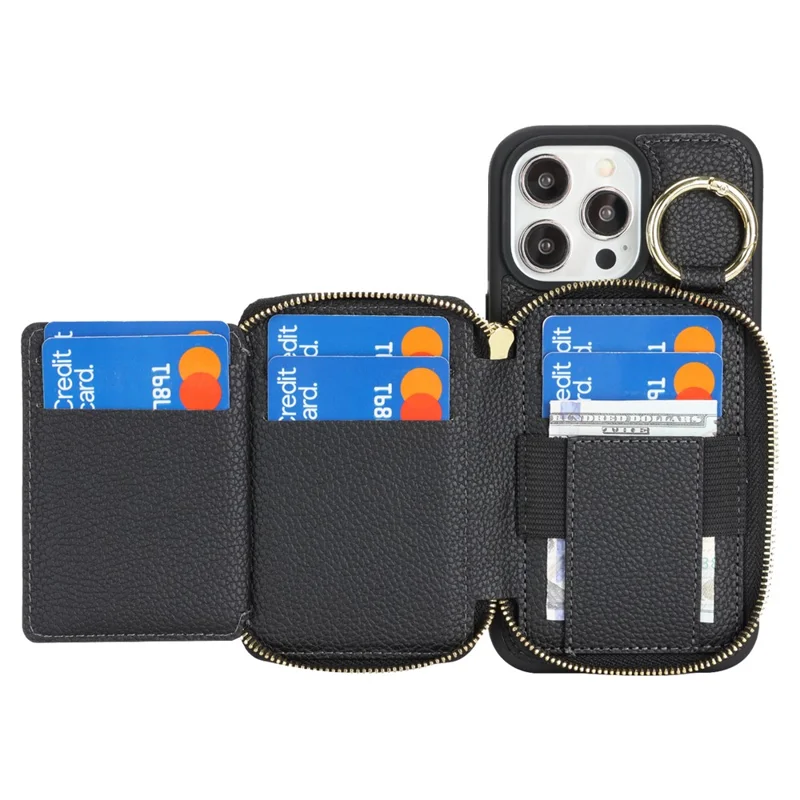 Voor iPhone 15 Pro Max Zipper Wallet Case Litchi Structuur Lederen Achterkant Telefoonhoes met Metalen Ringhouder - Zwart