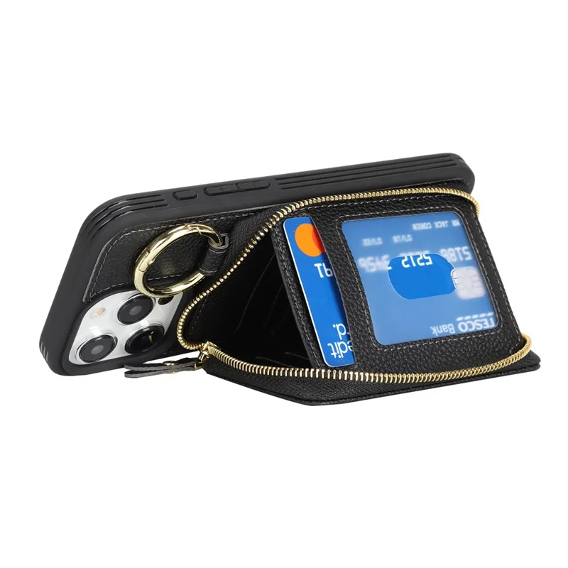 Voor iPhone 15 Pro Max Zipper Wallet Case Litchi Structuur Lederen Achterkant Telefoonhoes met Metalen Ringhouder - Zwart