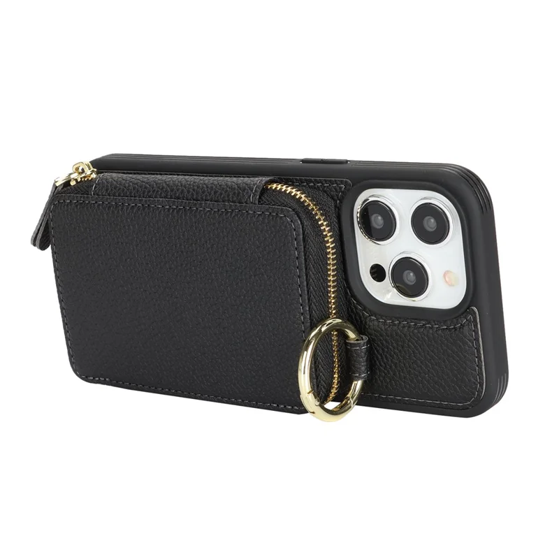 Voor iPhone 15 Pro Max Zipper Wallet Case Litchi Structuur Lederen Achterkant Telefoonhoes met Metalen Ringhouder - Zwart