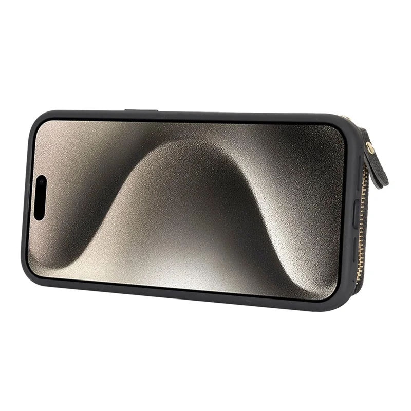 Voor iPhone 15 Pro Max Zipper Wallet Case Litchi Structuur Lederen Achterkant Telefoonhoes met Metalen Ringhouder - Zwart