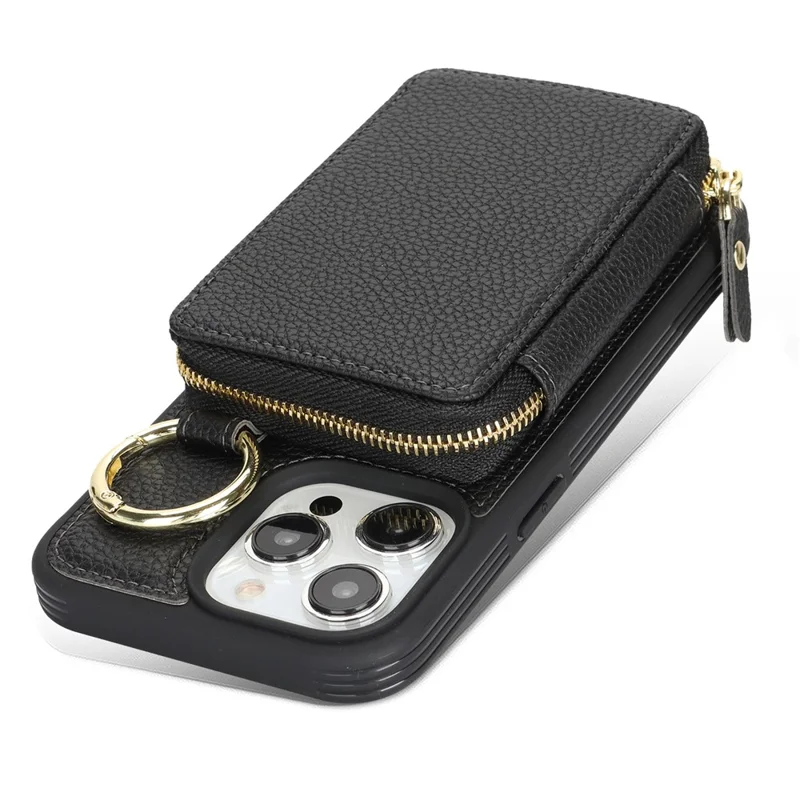 Voor iPhone 15 Pro Max Zipper Wallet Case Litchi Structuur Lederen Achterkant Telefoonhoes met Metalen Ringhouder - Zwart