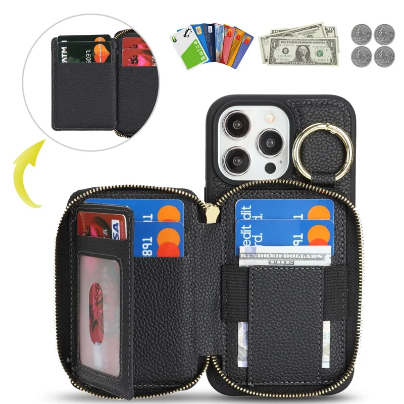 Voor iPhone 15 Pro Max Zipper Wallet Case Litchi Structuur Lederen Achterkant Telefoonhoes met Metalen Ringhouder - Zwart