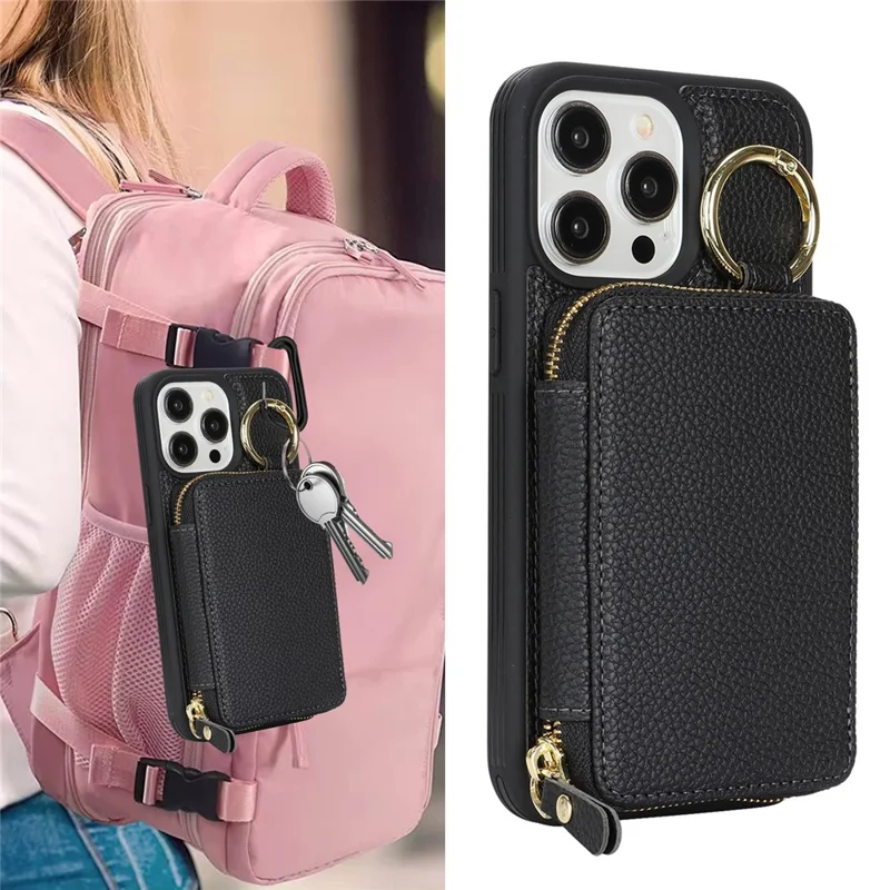 Voor iPhone 15 Pro Max Zipper Wallet Case Litchi Structuur Lederen Achterkant Telefoonhoes met Metalen Ringhouder - Zwart