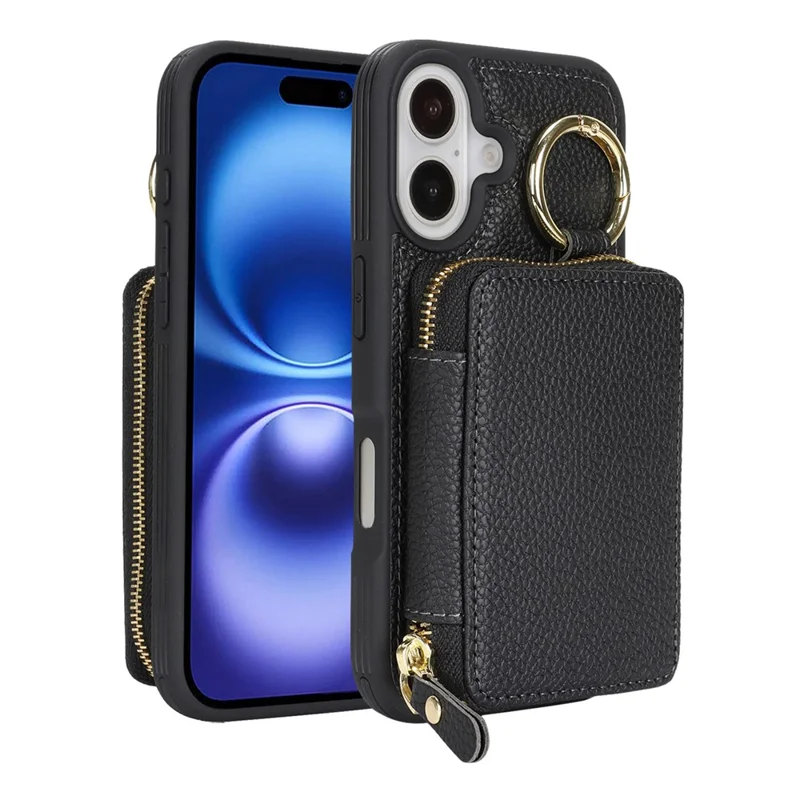 Funda cartera con cremallera para iPhone 16, funda trasera de cuero con textura de litchi y soporte de anillo metálico - Negro