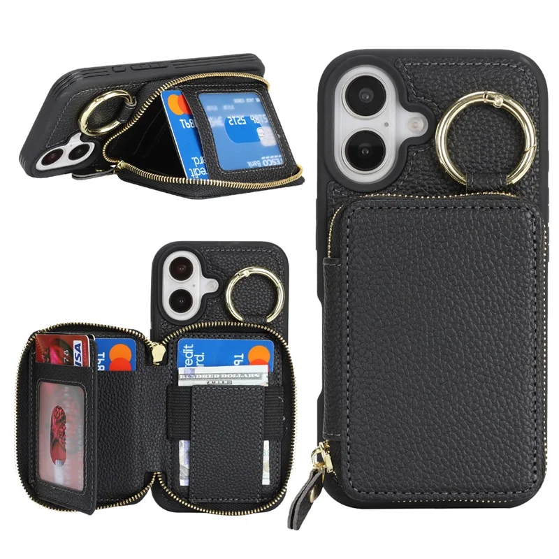 Funda cartera con cremallera para iPhone 16, funda trasera de cuero con textura de litchi y soporte de anillo metálico - Negro