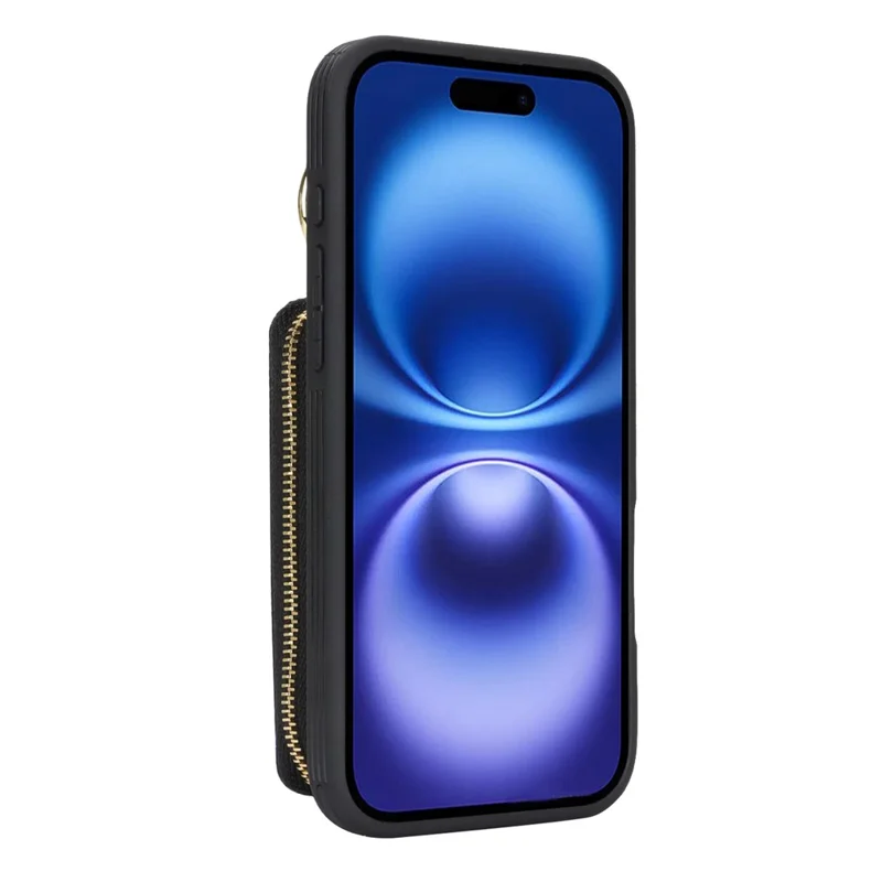 Funda cartera con cremallera para iPhone 16, funda trasera de cuero con textura de litchi y soporte de anillo metálico - Negro