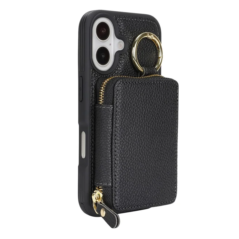 Funda cartera con cremallera para iPhone 16, funda trasera de cuero con textura de litchi y soporte de anillo metálico - Negro