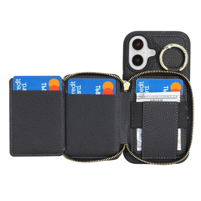 Funda cartera con cremallera para iPhone 16, funda trasera de cuero con textura de litchi y soporte de anillo metálico - Negro