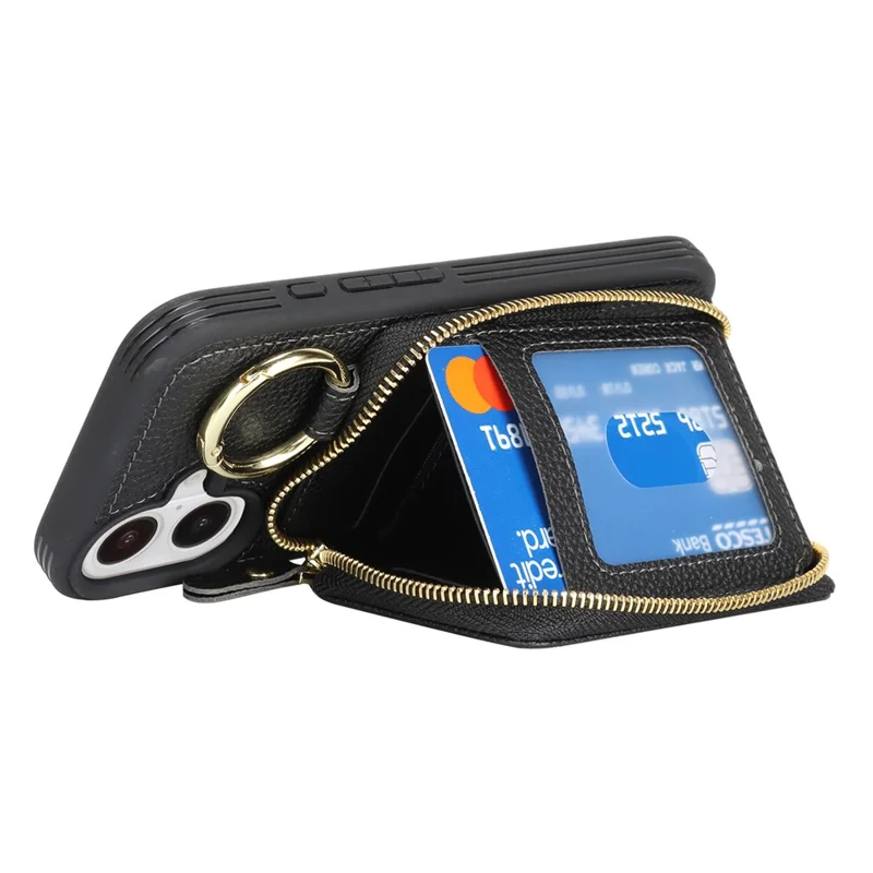 Funda cartera con cremallera para iPhone 16, funda trasera de cuero con textura de litchi y soporte de anillo metálico - Negro
