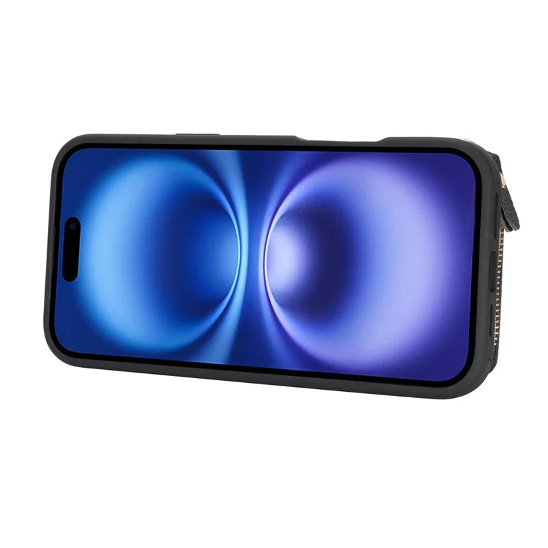 Funda cartera con cremallera para iPhone 16, funda trasera de cuero con textura de litchi y soporte de anillo metálico - Negro