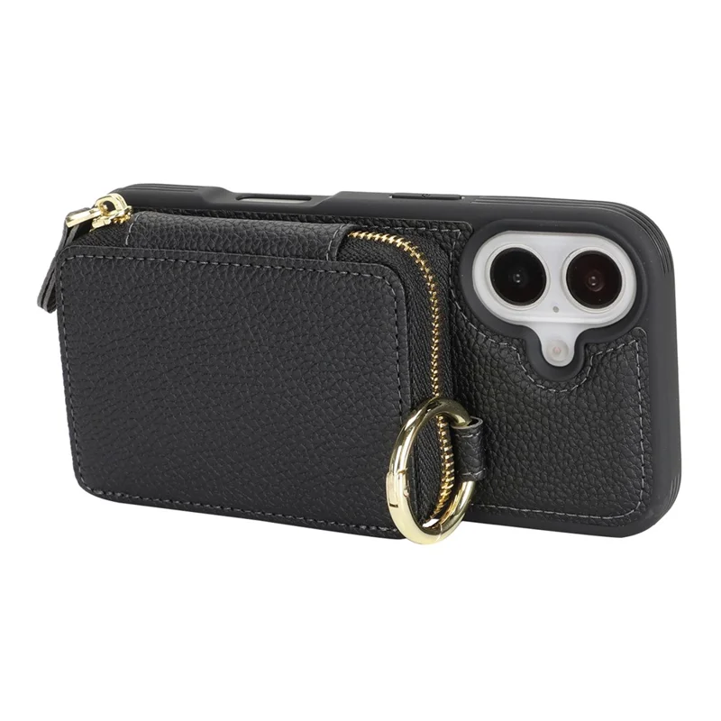 Funda cartera con cremallera para iPhone 16, funda trasera de cuero con textura de litchi y soporte de anillo metálico - Negro